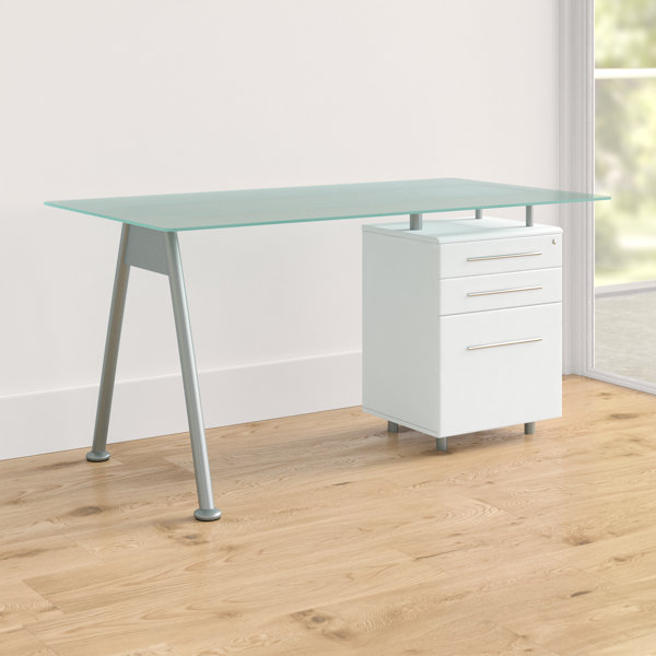 Orren Ellis Vezia Glass Computer Desk with Three Drawer Pedestal